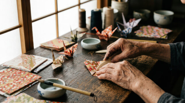 Hands folding origami paper creating traditional Japanese cranes.