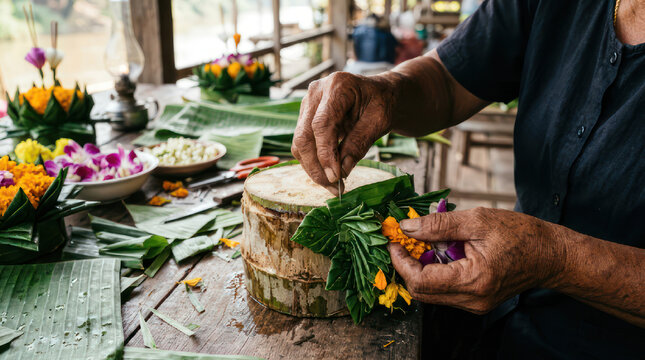 Hands crafting traditional Thai Krathong for Loy Krathong festival.