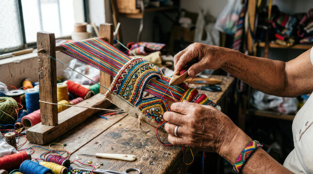 Hands weaving colorful threads on a traditional loom.