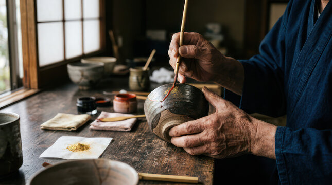 Potter hands painting ceramic vase with brush in workshop.