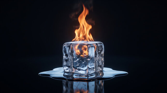 Burning ice cube engulfed in bright orange flames melting on dark reflective surface representing contrast with contrast conceptual background reflection combustion metaphor chemistry dramatic
