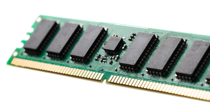 Green Computer Ram Memory Module Stick With Black Chips And Gold Connector Pins Isolated On Clean White Background Showing Hardware Technology Electronics Circuit Component Concept
