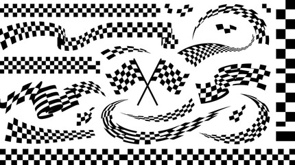 Fototapeta premium Set of waving racing checkered flags and speed stripe borders isolated on white background