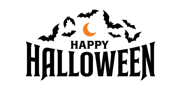 Halloween pumpkin, black bat silhouettes, orange moon, spooky text bats