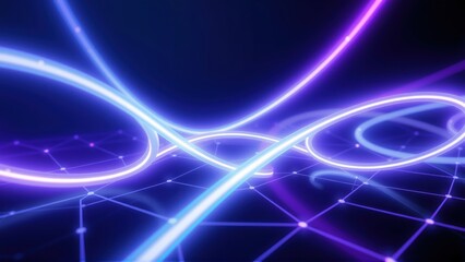 Obraz premium Abstract neon lines intersect over dark grid. Bright blue, purple hues create futuristic visual effect. Energy flows, dynamic composition.