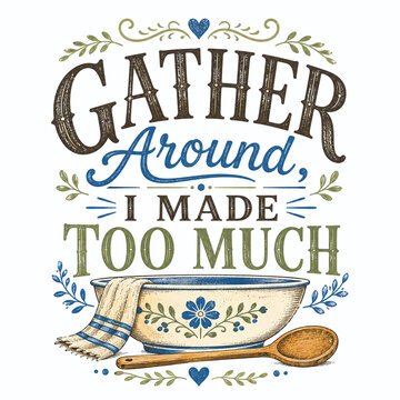 Gather Around, I Made Too Much. Farmhouse kitchen print quote design with serving bowl, spoon and botanical accents, warm rustic typography in cream, dusty blue and sage palette, suitable for kitchen 