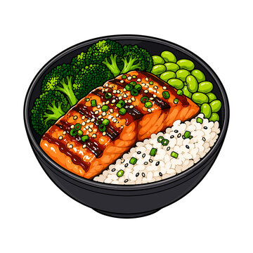 Teriyaki Salmon Rice Bowl Vector Illustration, Japanese Glazed Salmon with Rice, Broccoli and Edamame