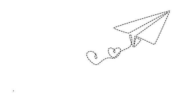 Paper plane with heart love shape animation elegance motion continuous line drawing, Full length one line animation. 4K, Paper airplane flight continuous line drawing animated video. Heart linear pro.