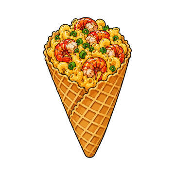 Shrimp Waffle Cone Vector Illustration, Savory Seafood Taco Cone with Creamy Pasta, Shrimp and Vegetables