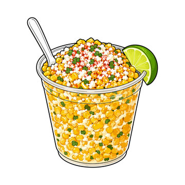 Mexican Street Corn Esquites Vector Illustration, Elote in a Cup with Lime, Cheese, Chili and Cilantro