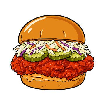 Crispy Fried Chicken Burger Vector Illustration, Spicy Chicken Sandwich with Lettuce, Pickles and Creamy Sauce