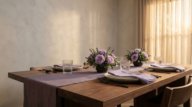 A stunning purple formal table setup featuring elegant rose centerpieces and fine dining dishware