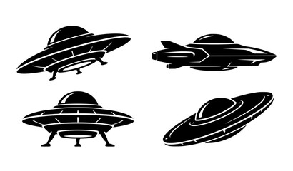 Flying Saucer UFO Silhouette Vector Set with Futuristic Spacecraft Isolated on White Background © MD Raju designer 