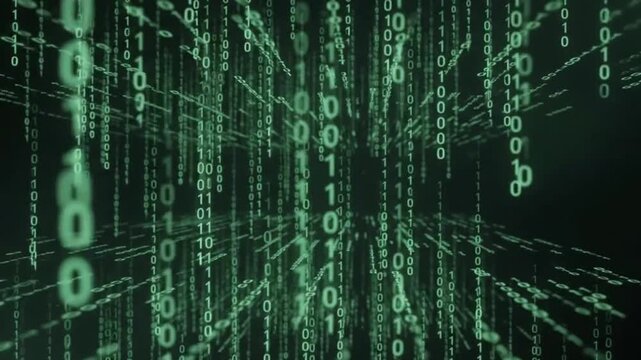 Abstract infinite streams of green binary code cascading vertically in deep space background