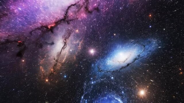 Fast Hyperspace Travel Through Colorful Glowing Galaxy Nebulae Stars