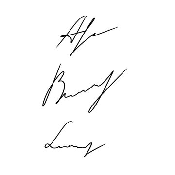 Handwritten signatures set isolated on white background. Ink autograph elements for document contract verification or identity design. lettering calligraphy. Set of mockups personal handwriting