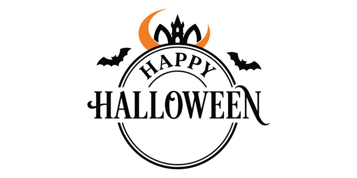 Halloween pumpkin and bat silhouette with text happy halloween orange