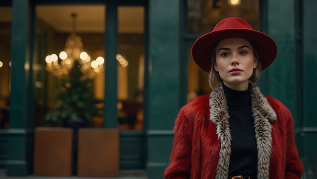 Beautiful young woman wearing red faux fur coat with collar and red fedora hat standing outside stylish green storefront with warm interior lighting winter style