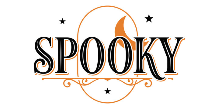 Spooky halloween text with pumpkin and stars, orange and black