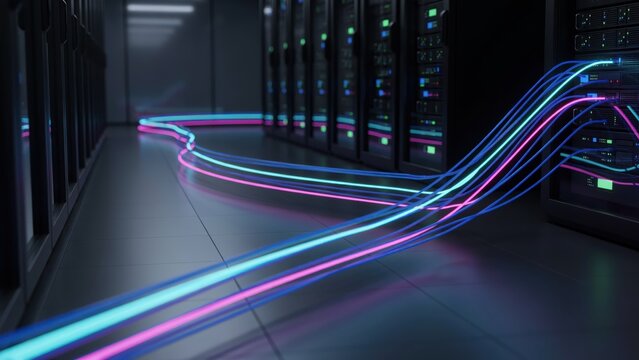 Glowing fiber optic cables in server room represent high speed data transmission technology.