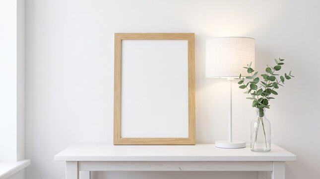 Blank Wooden Picture Frame Mockup on White Table with Lamp and Eucalyptus
