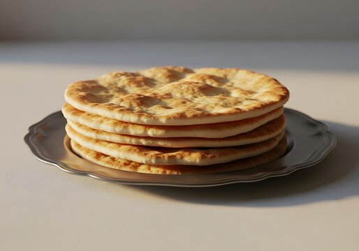Stack of Freshly Baked Flatbreads on a Silver Plate.