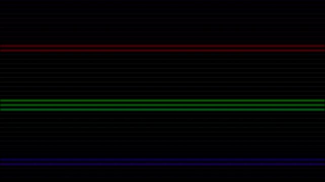 Retro digital scanlines with neon glowing horizontal stripes moving on a black background