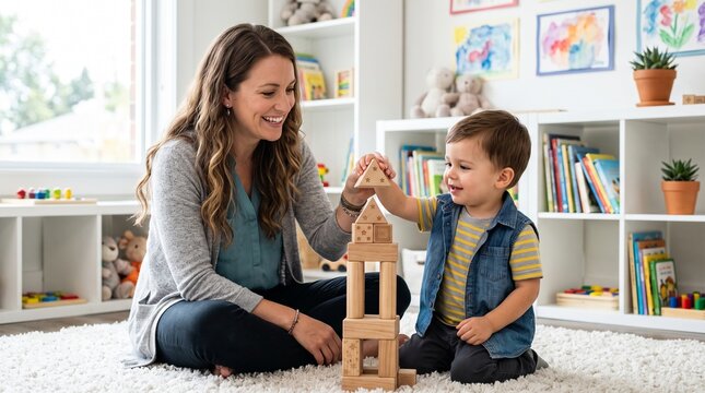Smiling mother and young toddler son play with wooden building blocks in bright sunlit room featuring white shelves and decor