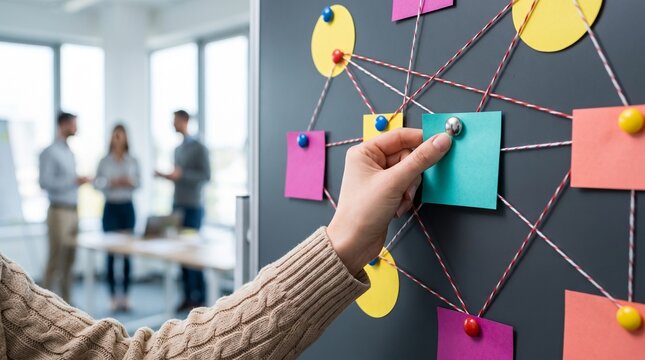 Professional hand placing colorful sticky notes on a dark magnetic board to organize complex business ideas during office brainstorming sessions
