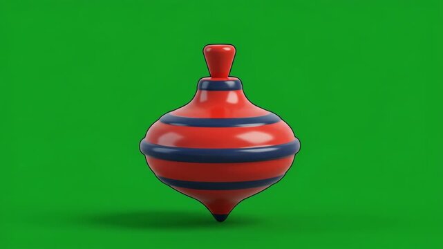 Red and blue spinning top toy on a vibrant green screen background, perfect for compositing.