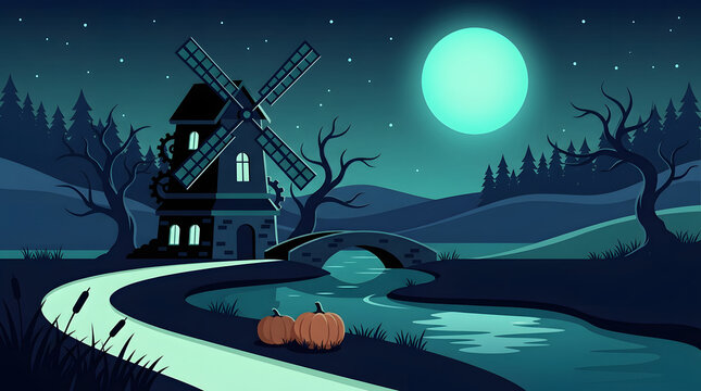 Spooky haunted house with a glowing full moon over a dark forest landscape in pixel art style