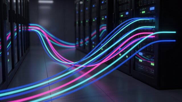Vibrant glowing data cables connect server racks in a dark data center symbolizing global network communication.