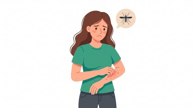 Sad Woman Scratching Itchy Red Mosquito Bite Rash Arm Vector Illustration for Skin Allergy Insect Bite Prevention Articles