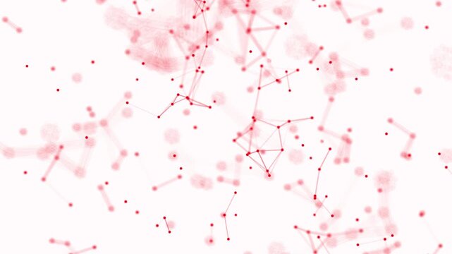 Abstract red plexus network with connected nodes and particles on white background an with glowing and lines floating against a clean