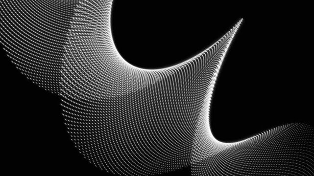 Abstract white wave of glowing particles forming a curved surface in motion an made of countless tiny a fluid against dark background