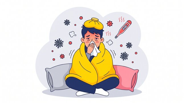 Sick Man Sitting Wrapped in Blanket with Ice Pack and Thermometer Vector Illustration for Cold Flu Fever Symptoms Articles