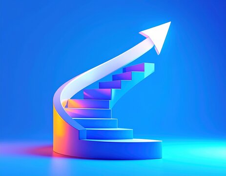 White arrow following the spiral staircase of growth on blue background, 3D arrow climbing up over spiral staircase, 3d stairs with arrow going upward, 3d rendering