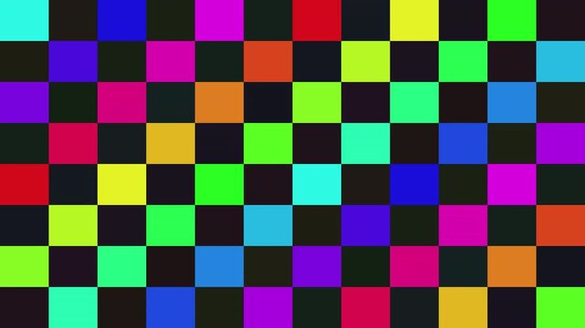 Vibrant rainbow checkerboard pattern with morphing colored squares on a dark background