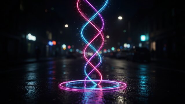 Neon blue and pink spiral energy beam rising from wet city street at night.