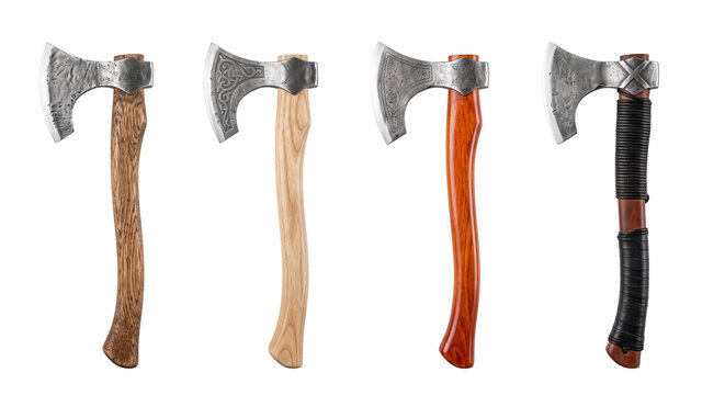 Four Viking style axes with ornate engravings and wooden handles representing medieval weaponry.