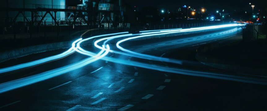 Night highway with converging bright blue light trails from vehicles on a dark wet road surface.