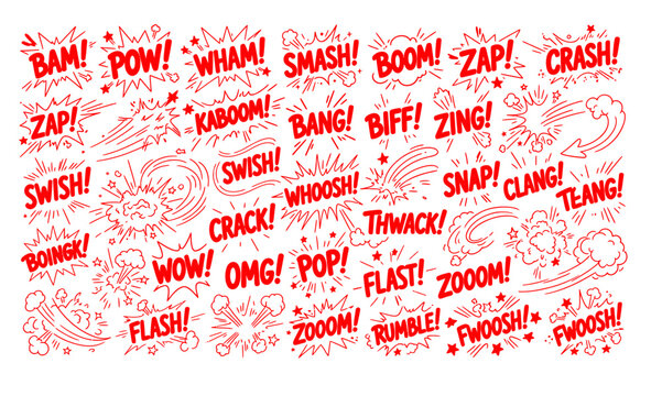 Comic Book Sound Effect Words with Explosions and Motion Lines in a Doodle Style
