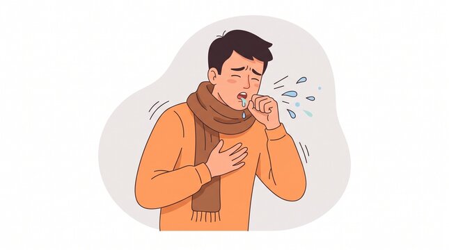 Sick Man Coughing and Holding Chest Wearing Warm Scarf Vector Illustration for Respiratory Infection Cold Virus Symptoms Medical Articles Health Infographics