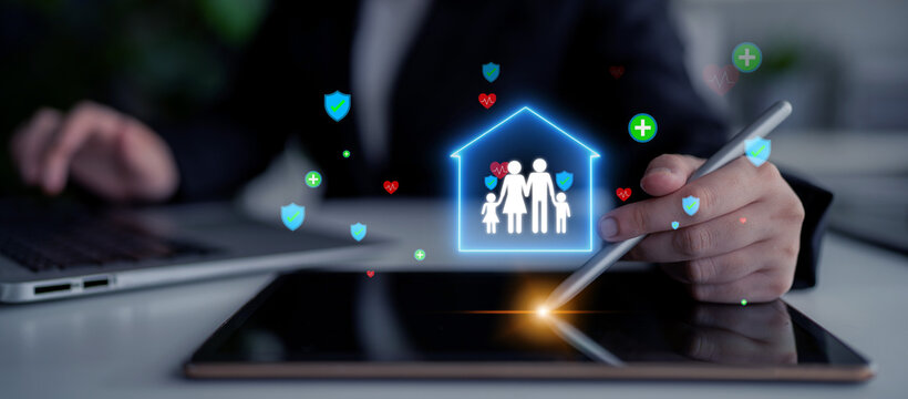 Digital Concept of Family Protection and Health Care with Tablet, Laptop, and Illustrations of House, Hearts, and Wellness Icons in a Modern Office Setting. Entropy.