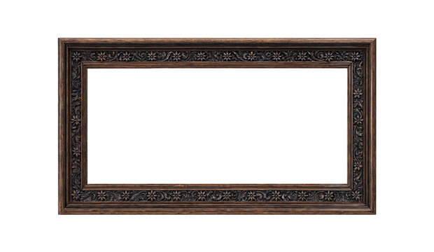 Vintage Carved Wooden Picture Frame Banner Border with Floral Ornaments Isolated on Transparent Black Background