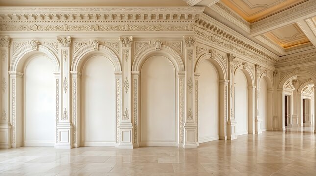 An expansive room with ornate neoclassical architectural details, including arched alcoves and decorative moldings, offers a grand and empty setting.
