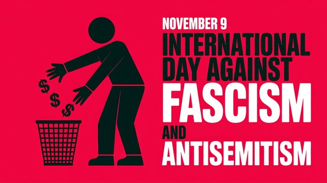Stick figure throwing dollar signs into a trash can represents an anti-fascist message on a red background for International Day Against Fascism.