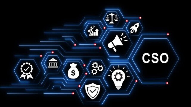 Cso chief security officer concept: digital network infographic with cyber security and glowing tech lines