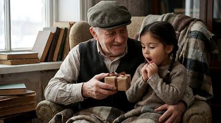 Fototapeta premium Grandfather gives surprise gift box to excited granddaughter creating cozy autumn family moments giving gift box