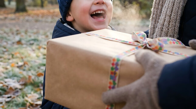 Joyful child receives autumn gift box in cozy fall park celebration giving gift box
